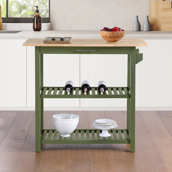 Convenience Concepts Designs2Go 3 Tier Butcher Block Kitchen Prep Island with Drawer, Dark Sage Green/Butcher Block