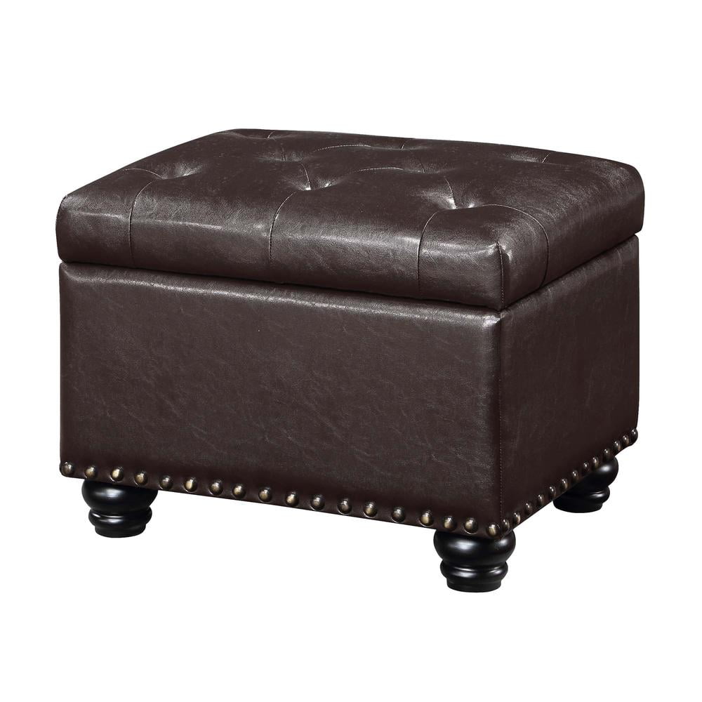 Espresso Faux Leather Tufted Storage Ottoman with Nailhead Trim