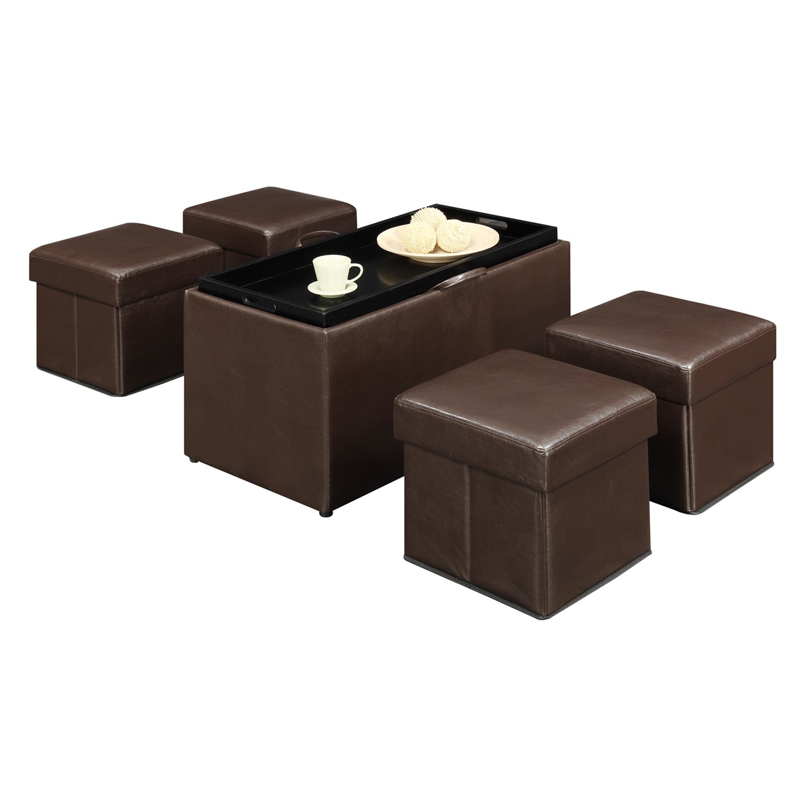 Designs4Comfort Faux Leather Storage Bench with 4 Collapsible Ottomans, Espresso - image 1 of 7
