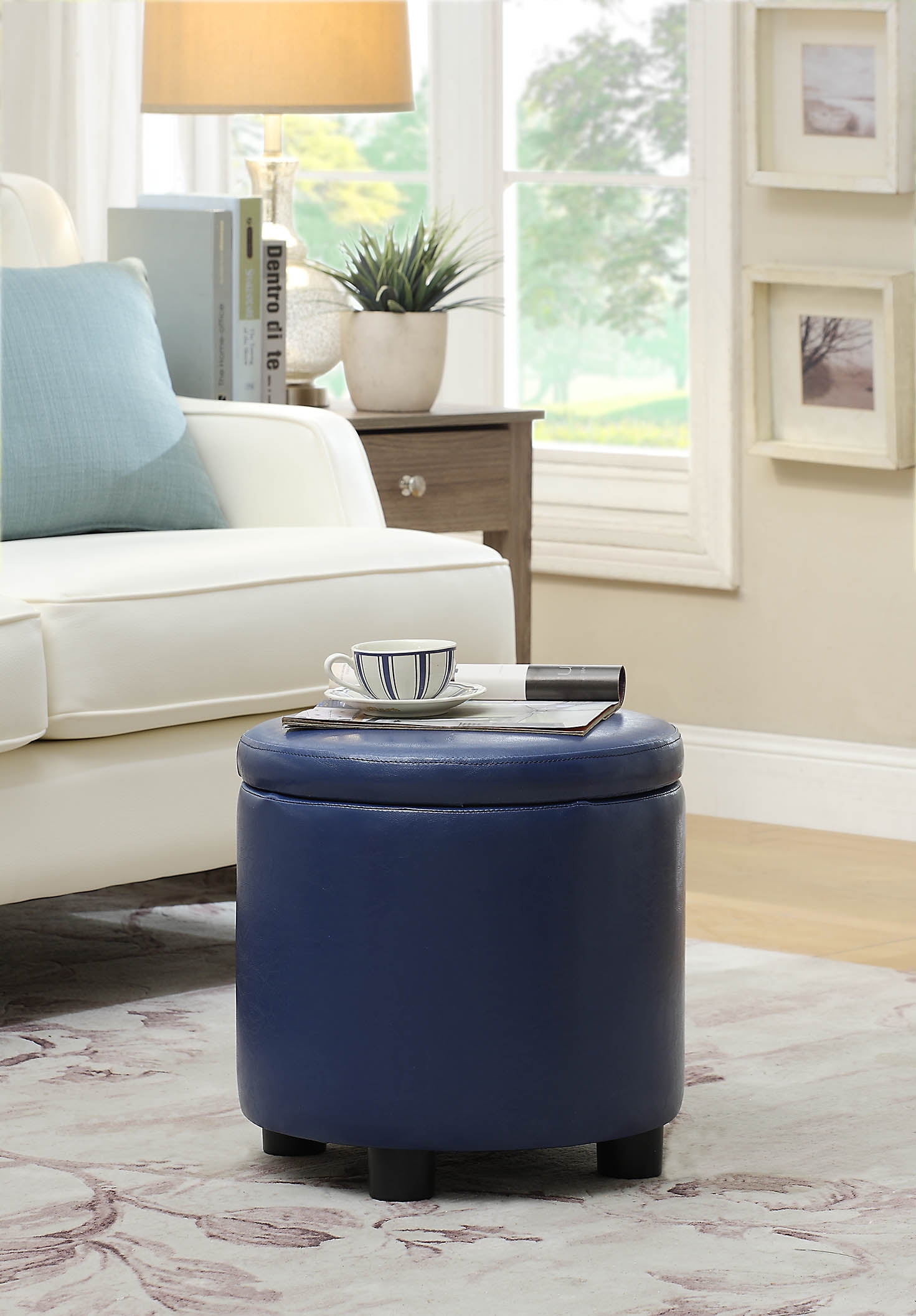 Blue leather ottoman with storage discount