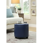 Designs4Comfort Round Accent Storage Ottoman with Reversible Tray Lid, Blue Faux Leather