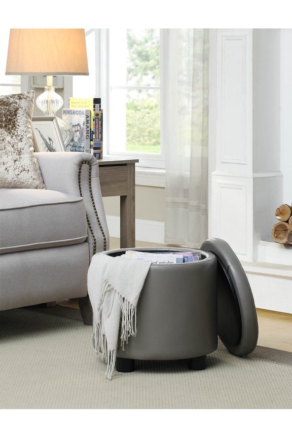 Designs4Comfort Round Accent Storage Ottoman with Reversible Tray Lid, Taupe Gray Faux Leather