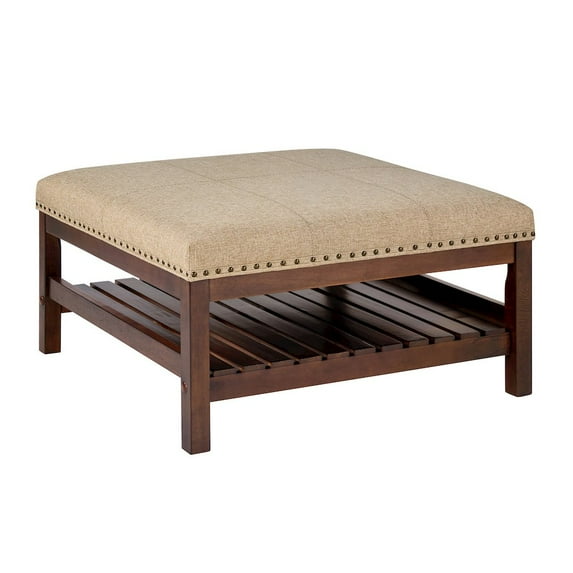 Designs4Comfort Silverton Coffee Table Cocktail Ottoman w/ Shelf in Beige Fabric