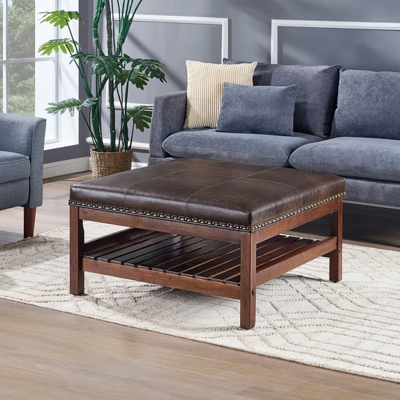 Designs4Comfort Silverton Coffee Table Ottoman w/Shelf in Brown Faux Leather