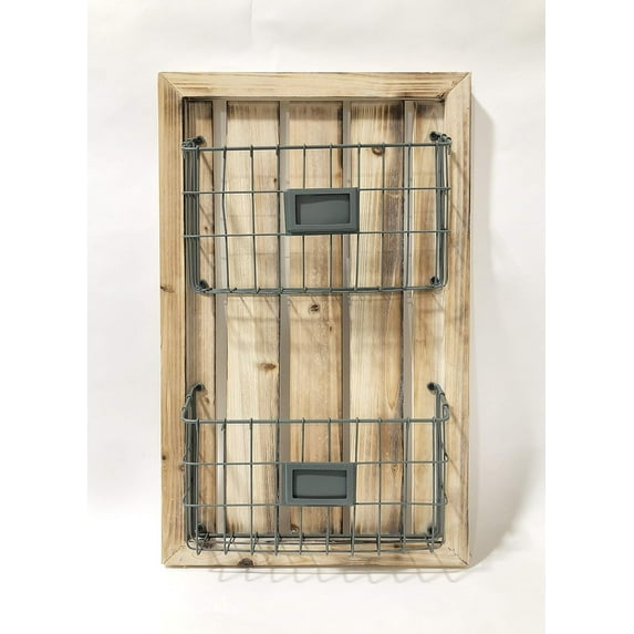 Designstyles Two Tier Magazine Holder – Wall Mounted Rack with Durable Wooden Frame and Pewter Colored Metal Baskets – Organizes Files, Books, Letters, and Folders