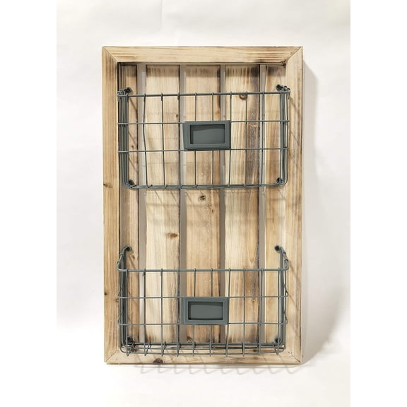 Designstyles Two Tier Magazine Holder – Wall Mounted Rack with Durable Wooden Frame and Pewter Colored Metal Baskets – Organizes Files, Books, Letters, and Folders