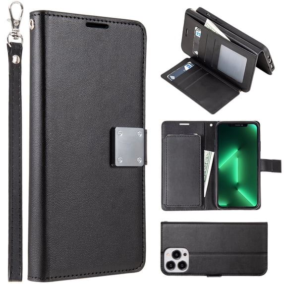Designx Series Leather Wallet Phone Case With 6 Card Slots Cash Slot And Lanyard For Iphone 14 Pro Max 6.7 - Black