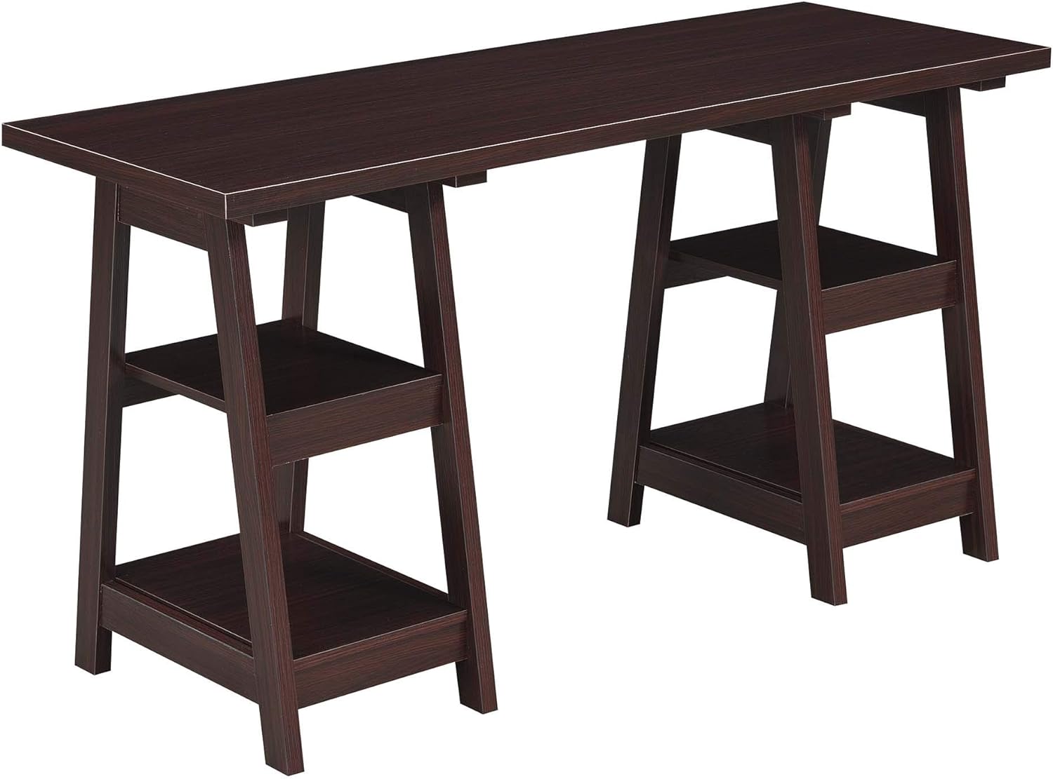 Desigs2go Double Trestle Desk With Shelves, Espresso