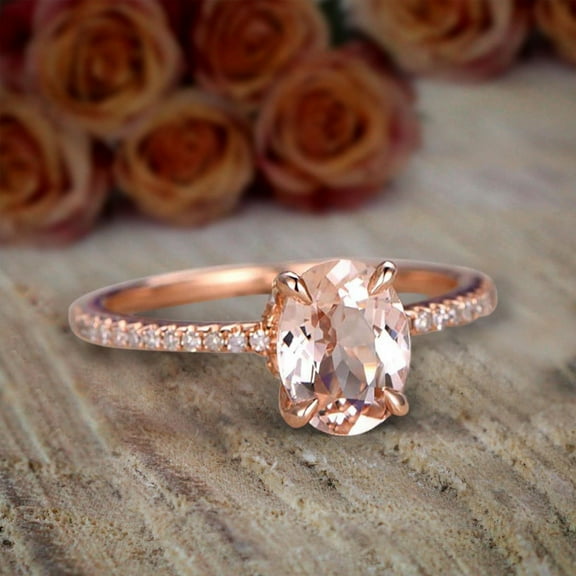 Desinger Classic 1.75 Carat Peach Pink 8x6mm Oval Cut Morganite and Diamond Moissanite Engagement Ring with 18k Gold Plating