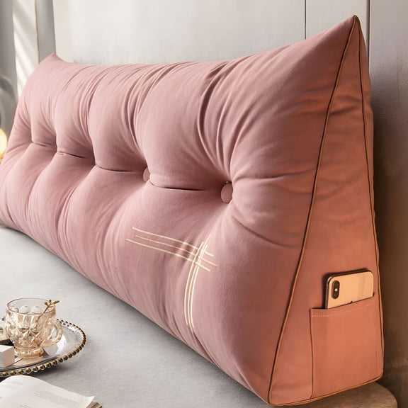 Lovote Headboard Wedge Pillow Twin Size, Delicate Embroidery Triangular Reading Pillow - Ergonomic, Removable Cover w/ Side Pocket Backrest Bolster Pillows, Pink