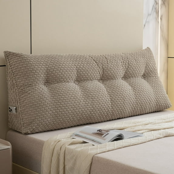 Lovote Triangular Headboard Pillow with Side Pockets, Bed Rest Reading Pillow, Removable & Washable Cover, Wheat Ear Velvet Texture Daybed Wedge Pillow for King Beds