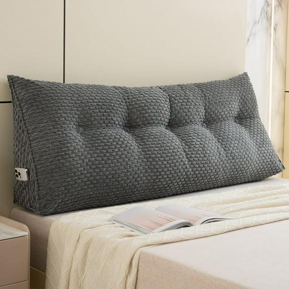 Lovote Triangular Headboard Pillow with Side Pockets, Bed Rest Reading Pillow, Removable & Washable Cover, Wheat Ear Velvet Texture Daybed Wedge Pillow for Twin Beds