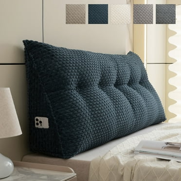 Desirable Life Triangular Headboard Pillow with Side Pockets, Bed Rest Reading Pillow, Removable & Washable Cover, Wheat Ear Velvet Texture Daybed Wedge Pillow for King Beds