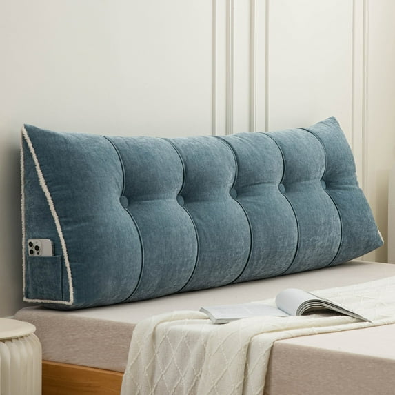 Desirable Life Triangular Headboard Pillow with Side Pockets, Chenille Fabric, Bed Rest Reading Pillow, Removable & Washable Cover, Contrasting-Color Fabric Piping, Daybed Wedge Pillow for Queen Beds