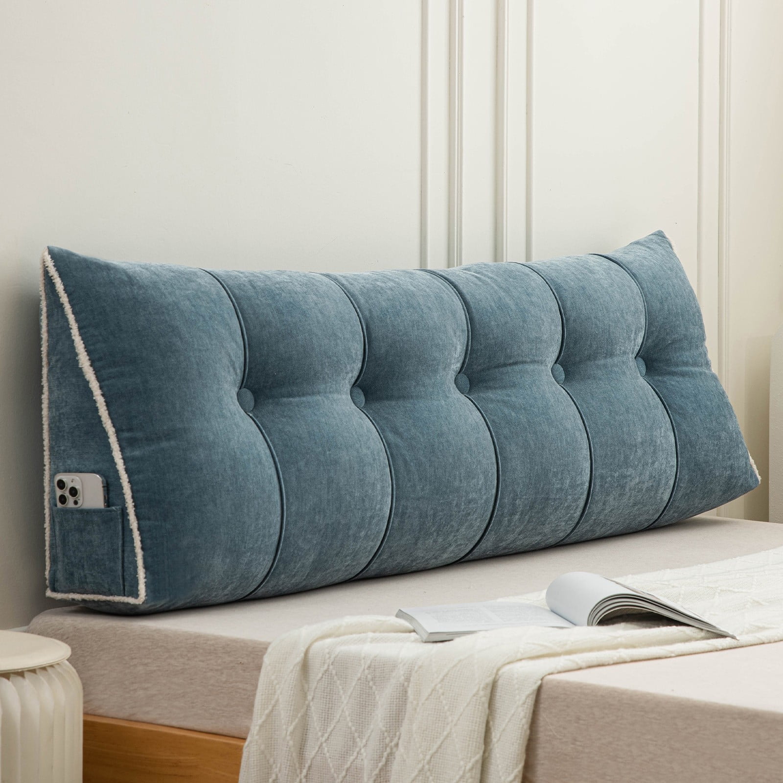 Lovote Triangular Headboard Pillow with Side Pockets, Chenille Fabric, Bed Rest Reading Pillow, Removable & Washable Cover, Contrasting-Color Fabric Piping, Daybed Wedge Pillow for Queen Beds
