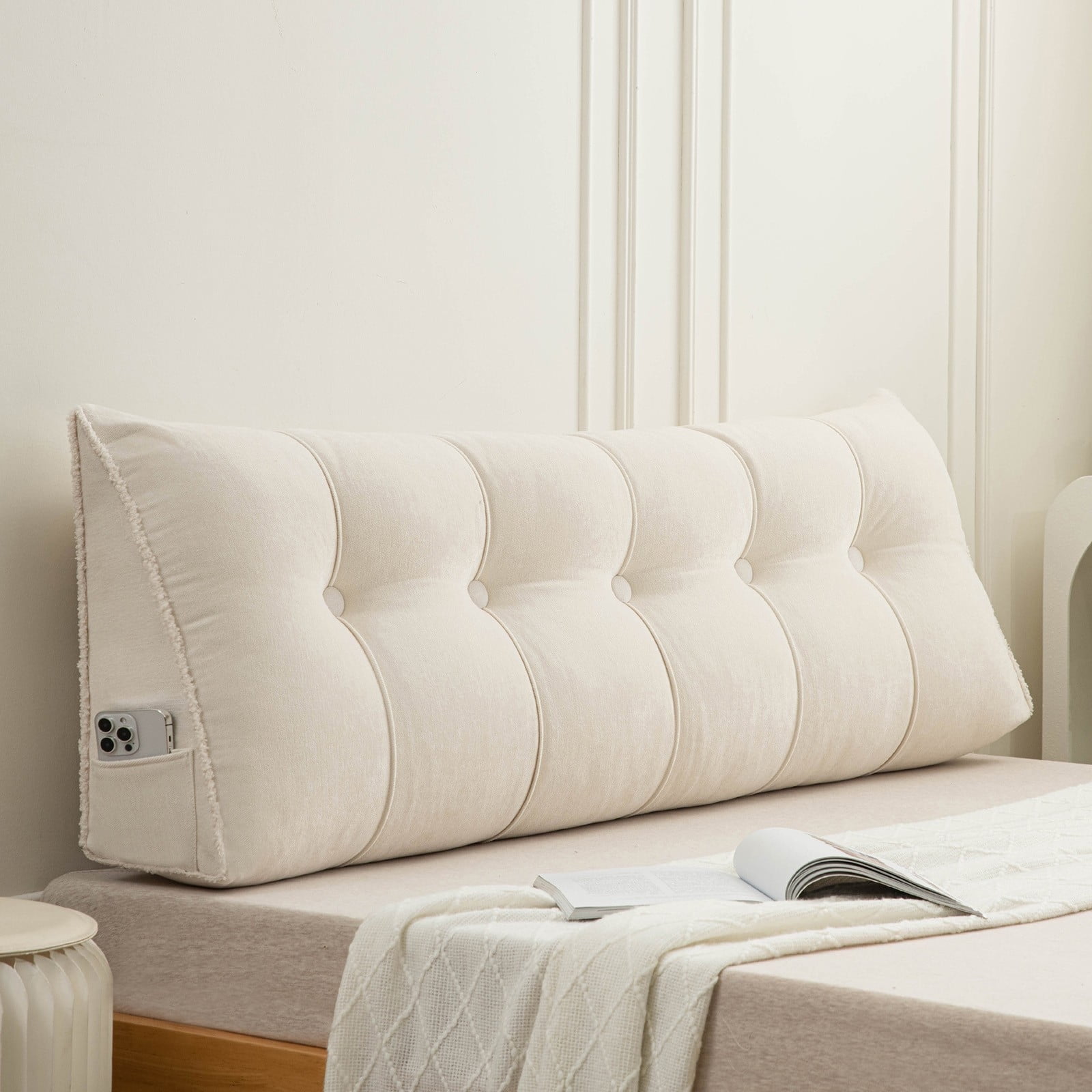 Desirable Life Triangular Headboard Pillow with Side Pockets, Chenille Fabric, Bed Rest Reading Pillow, Removable & Washable Cover, Contrasting-Color Fabric Piping, Daybed Wedge Pillow for Twin Beds