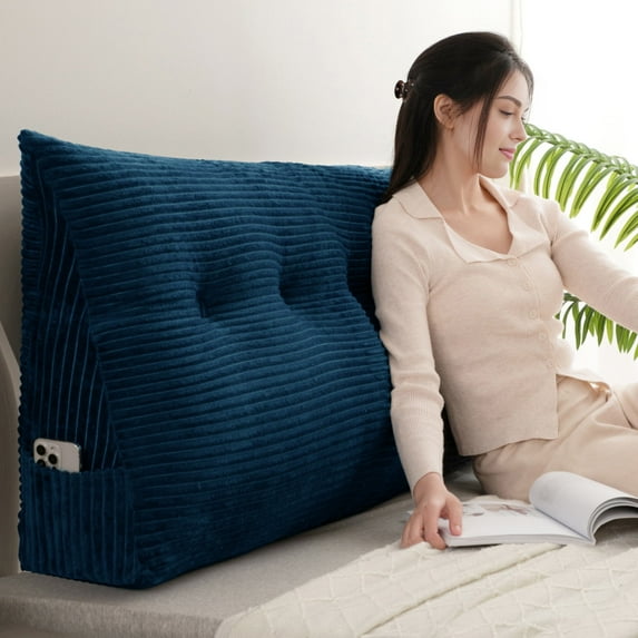 Lovote Triangular Headboard Pillow with Side Pockets, Velvet Fabric, Vertical Stripe Pattern Bed Rest Reading Pillow, Removable & Washable Cover, Daybed Wedge Pillow for King Beds