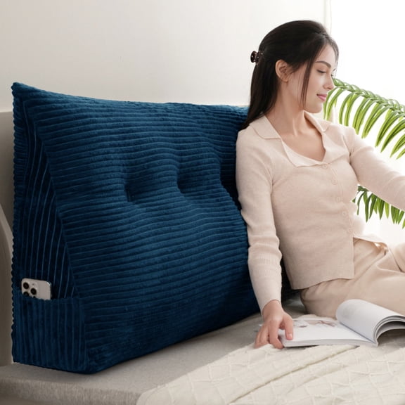 Lovote Triangular Headboard Pillow with Side Pockets, Velvet Fabric, Vertical Stripe Pattern Bed Rest Reading Pillow, Removable & Washable Cover, Daybed Wedge Pillow for Twin Beds