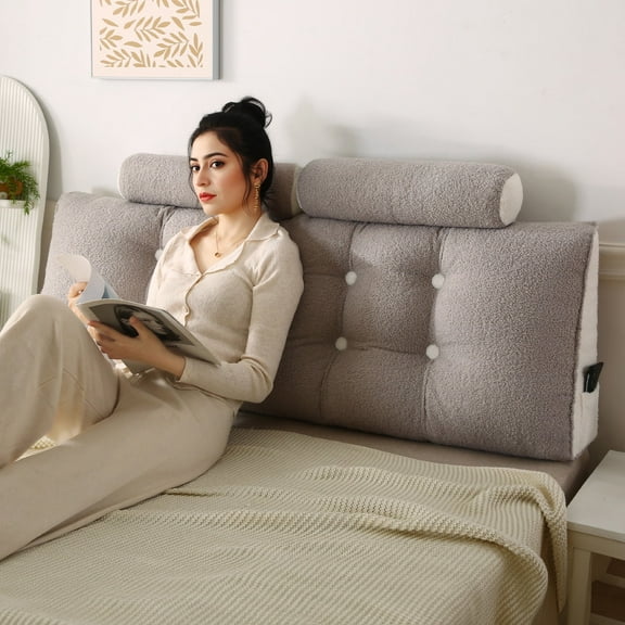 Lovote headboard pillow Reading Pillow with 1 Neck Roll | Teddy Velvet Fabric, Plump PP Cotton Fill | Side Pocket, Removable Cover | Support for Back, Neck & Lumbar