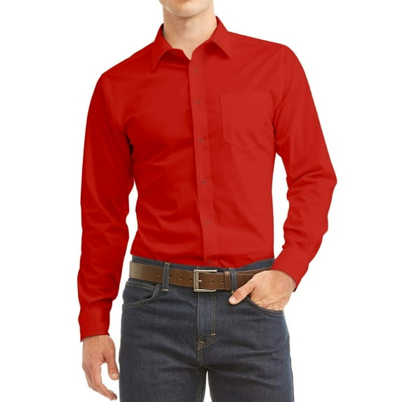 Desire Collection Men's Long Sleeve Classic Fit Pocket Dress Shirt Red L