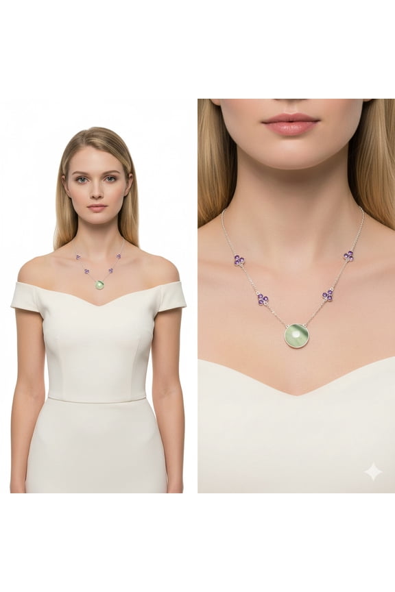 Natural Serpentine & Amethyst 925 Sterling Silver Necklace Adult Women Jewelry SDN1420