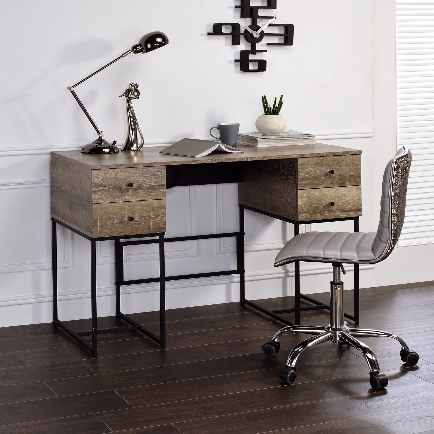 Desirre Rustic Oak & Black Finish Wirting Desk w/ USB Port