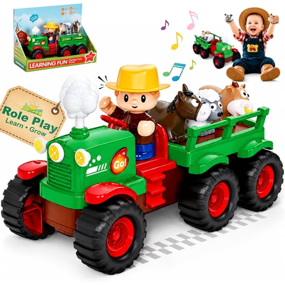 Desiso Farm Toys Vehicles Playset for Lights and Music Tractor with 3 Animals & Farmer Figure - STEM Educational Learning Tractor Toy Playset Perfect Christmas Birthday Gift for Kids 3-6+