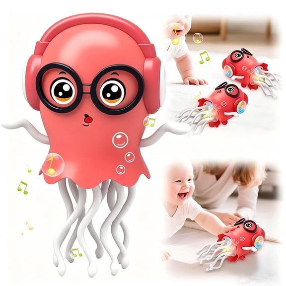 Desiso Interactive Dancing Toy for Kids, Jellyfish Crawling Toy with Musical LED Light, Bump & Go, Smart Obstacle Avoidance Gift for Toddlers Baby Crawling Practice, 8 Inch(Red)