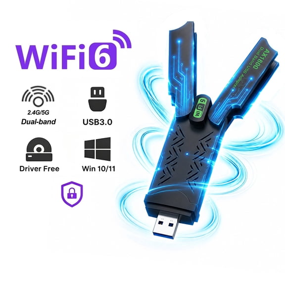 Desiso USB WiFi 6 Adapter, 1800Mbps Dual Band 2.4G/5G Wireless Network Adapter with Folding four Antennas, Driver-free,Plug-and-Play & Ultra-Low latency for Windows 7/10/11 Desktop Laptop