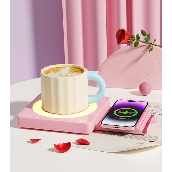 for Desk with 15W Wireless Charging Pad, Electric Cup Warmer 3 Temp Settings, Smart Candle Heat Plate, Home Office & Coffee Lover Gifts for Women, Mom, Her - Pink