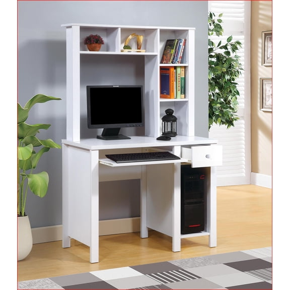 Desk, 39W Compact Home Office Student Desk with Hutch, Keyboard & Storage Drawer | White | Particle Board+MDF