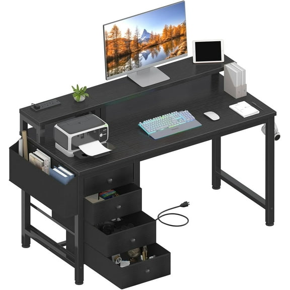 Reversible Gaming Desk with LED Lights and Power Outlets, 47 inch Home Office Desk with Monitor Stand, Computer Desk with Fabric Drawers, Rustic Brown