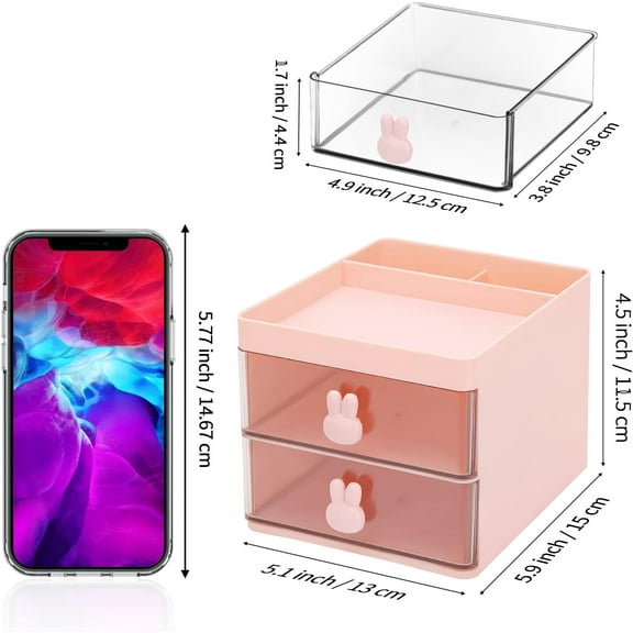 Desk Accessories & Workspace Organizers with Drawer, Pen Holder for Desk, Small Office Desk Accessories for Art Supply Desktop Storage (2 Drawers+3 Compartments, Pink)