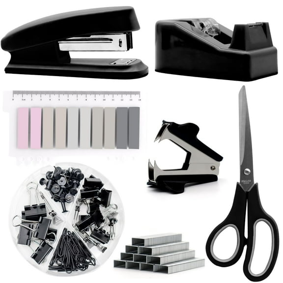 Desk Accessory Kit, Gift for Students, Women, Coworkers, Boss Lady, Office Clerks Black Desk Accessories, Black Office Supplies, Stapler and Tape Dispenser Set, Black