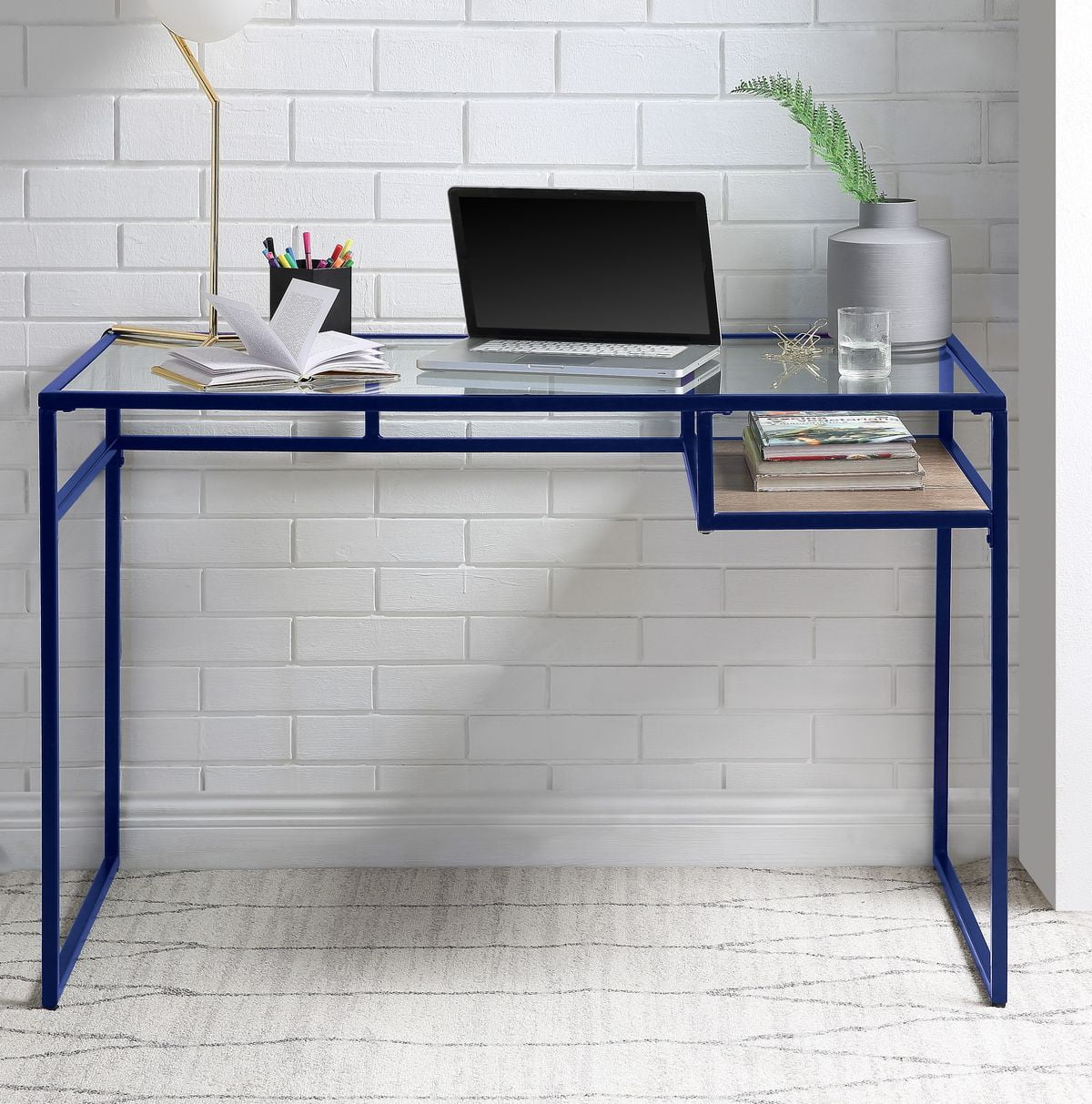 Blue and Glass Industrial Writing Desk with Metal Frame