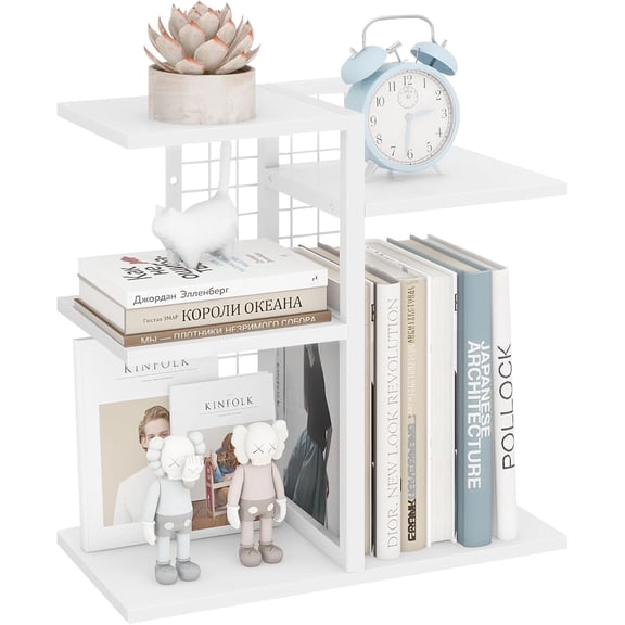 Desk Bookshelf, 4 Tier Wood Desktop Bookshelf, Adjustable Table Top Book Shelf and Storage Rack for Office Supplies, Dorm, Home Office, White