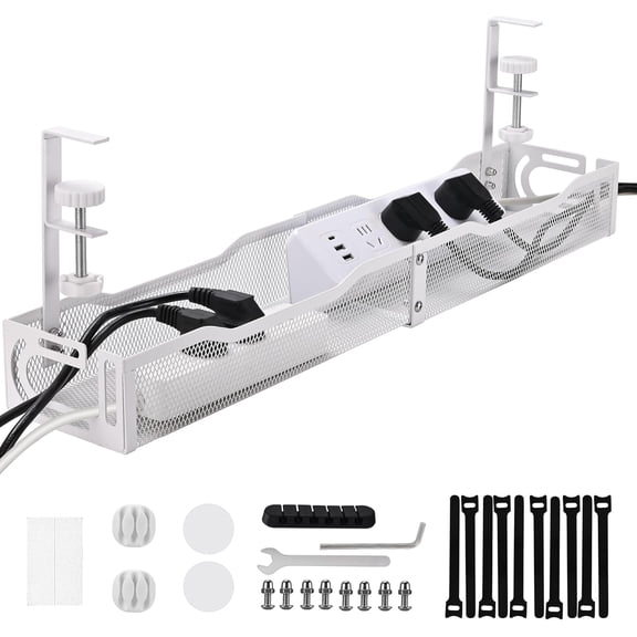 Under Desk Cable Management Box 25.3 Inch Clamp-Mounted Cable Organizer Tray, Large Cord Management Box for Office & Home, Wire Organizer Under Desk Storage, White