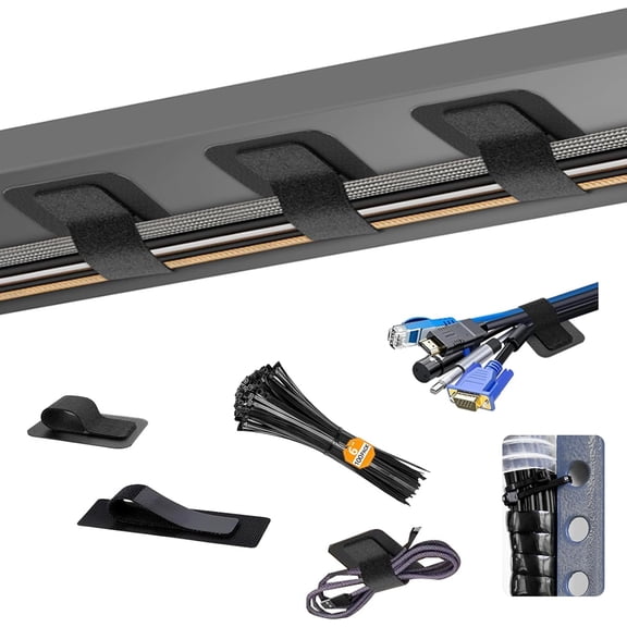 Under Desk Cable Management Kit - 20 pairs adjustable hook and loop cable ties and ties with adhesive, plus 100 packs of 6-inch zip ties, complete wire organization kit for home office desk cable man