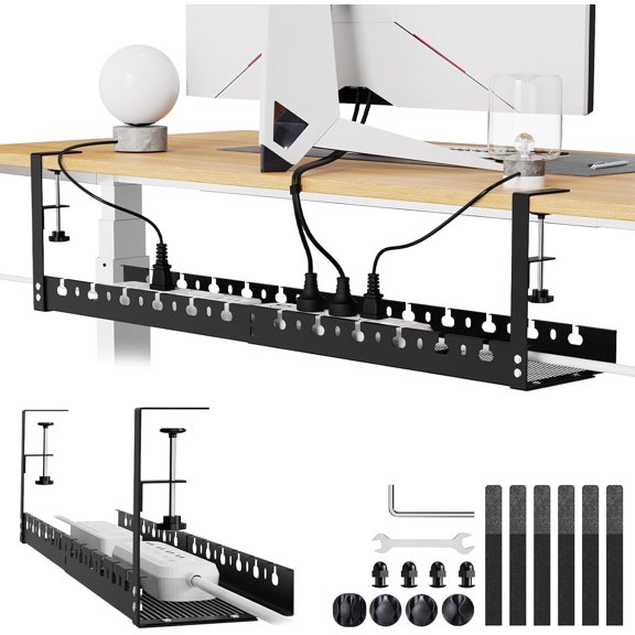 Under Desk Cable Management Raceway Clamp 2 Hole 31 Inch No Drill Cord Organizer for Standing Desk Sturdy Metal Office Desk Wire Management - No Damage to Table