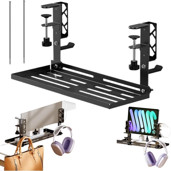 Desk Cable Management Tray, 15.63 Inch Clamp Mount, Metal Organizer Rack, No Drill Cord Storage Holder, Wire Management System, for Home Office Bedroom Apartment Dormitory Internet Cafe Use