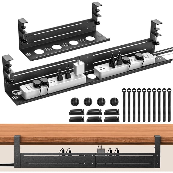 Under Desk Cable Management Tray - 18-29in Retractable Iron Cord Organizer, No-Drill Installation with Anti-Slip Pads, Desk Cable Tray for Office, Gaming,Standing Desks(Black)