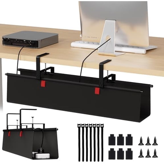 Under Desk Cable Management Tray - 28" Cord Organizer for Desk No Drill, Fabric Under Table Wire Organizer with 16X Cable Ties Hide for Office/Home, Cord Hider Fits Adapters & Sockets, Black