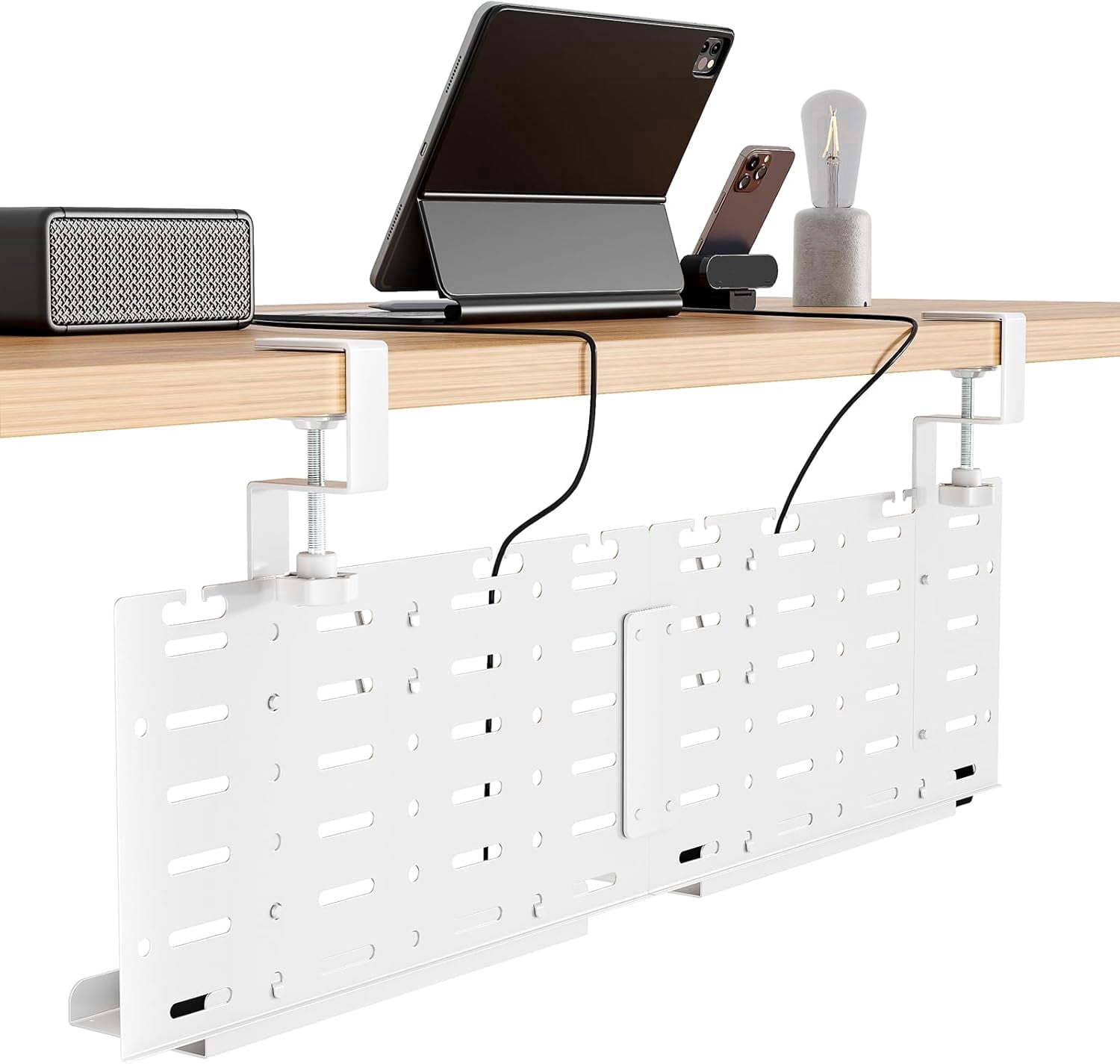 Under Desk Cable Management Tray, 30.2" Vertical Metal Pegboard Organizer for Power Strip, Cables, Clamp-On Cord Organizer Rack with Hooks, Trays & Cable Straps for Home Office, White