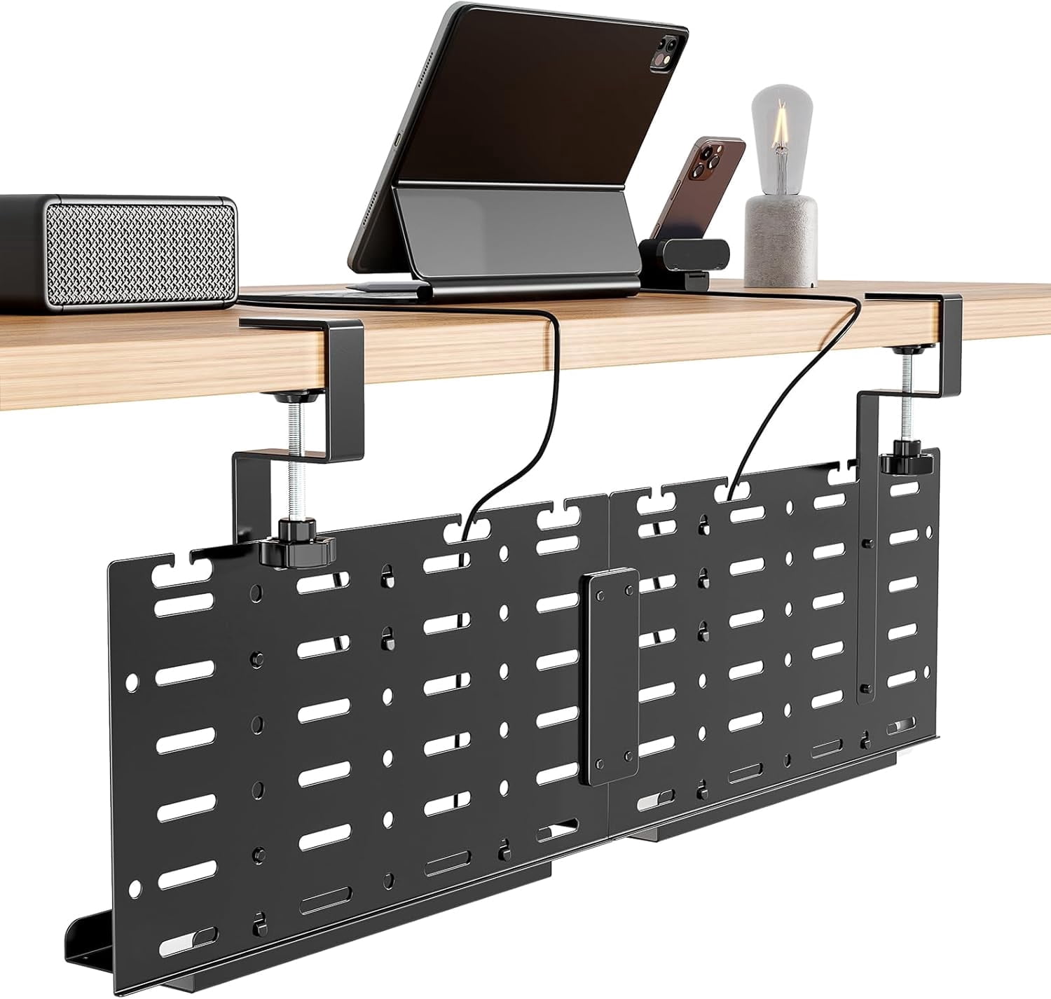 Under Desk Cable Management Tray, 30.2" Vertical Metal Pegboard Organizer for Power Strip, Cables, Clamp-On Cord Organizer Rack with Hooks, Trays & Cable Straps for Home Office, Black