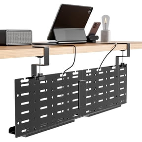 Under Desk Cable Management Tray, 30.2" Vertical Metal Pegboard Organizer for Power Strip, Cables, Clamp-On Cord Organizer Rack with Hooks, Trays & Cable Straps for Home Office, Black
