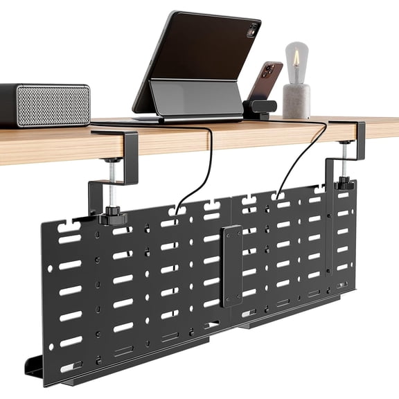 Under Desk Cable Management Tray, 30.2" Vertical Metal Pegboard Organizer for Power Strip, Cables, Clamp-On Cord Organizer Rack with Hooks, Trays & Cable Straps for Home Office, Black