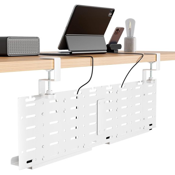 Under Desk Cable Management Tray, 30.2" Vertical Metal Pegboard Organizer for Power Strip, Cables, Clamp-On Cord Organizer Rack with Hooks, Trays & Cable Straps for Home Office, White