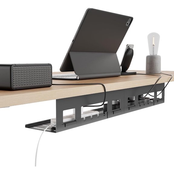 Under Desk Cable Management Tray, 31.5 Inches Metal Cord Organizer Rack, Desk Tray for Power Strip, Cord, Wire, Easy Mounting Cable Management Under Table for Home Office, Black