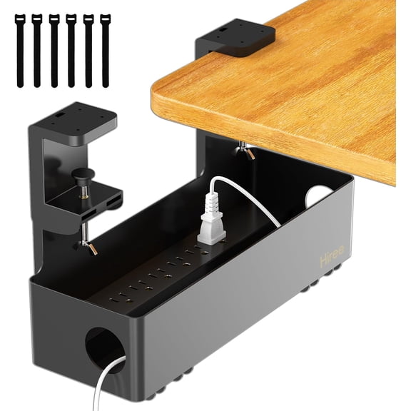 Under Desk Cable Management Tray with 6 AC Power Outlet and Clamp Mount, No Drill Cord Storage Organizers for Wire Management, Standing Desk, Computer Cord Rack for Office & Home (Black)