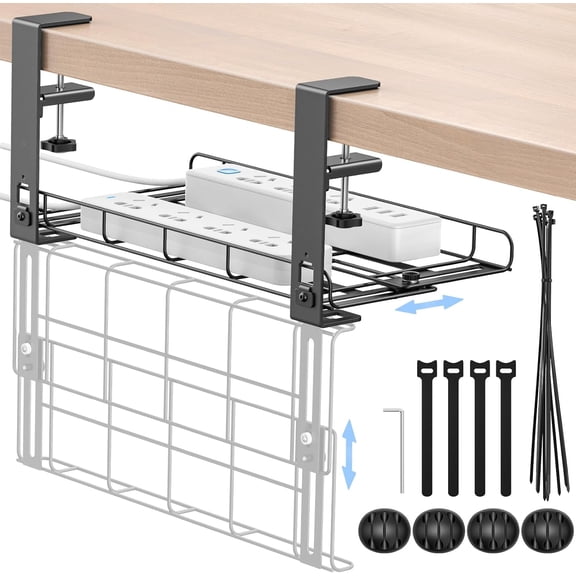 Under Desk Cable Management Tray, Adjustable Widths Desk Cable Organizers Holder with Clamp Mount, No Drill Desk Wire Management Rack with 3 Hole Cable Clips and Cable Ties for Office & Home